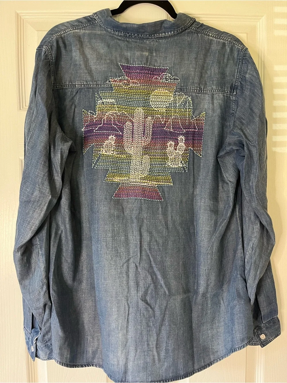 Rock & Roll Cowgirl Denim Shirt with Rainbow Southwestern Cactus Embroidery